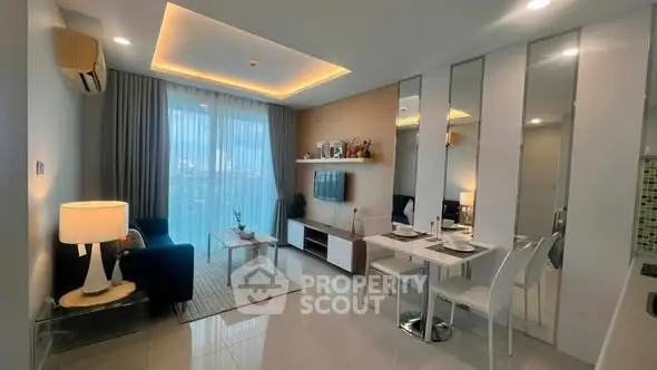 Modern living room with elegant dining area and ambient lighting