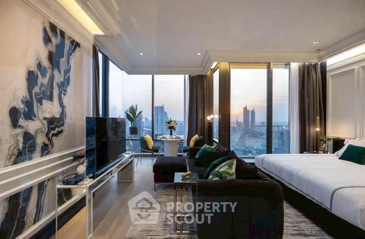 Luxurious modern living room with panoramic city views and elegant decor