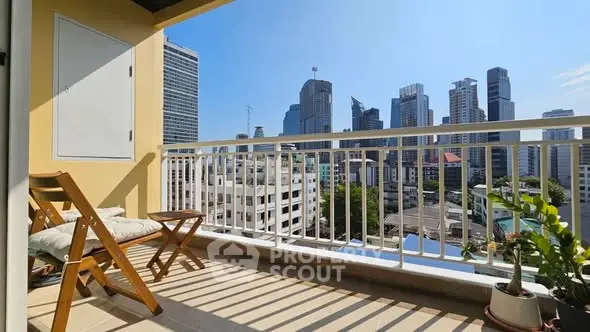 Spacious balcony with city skyline view, perfect for relaxation and enjoying urban living.