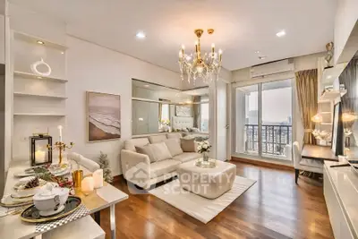 Luxurious living room with elegant chandelier and balcony view in modern apartment.