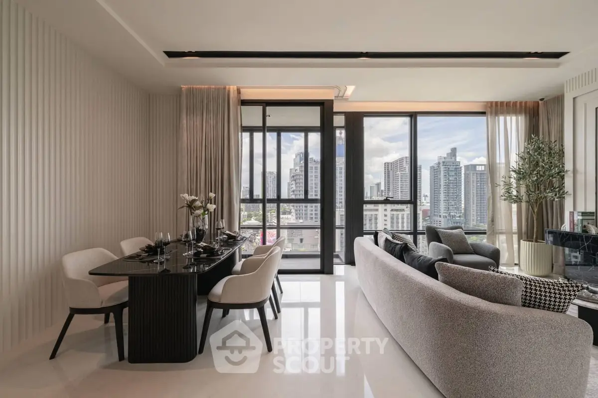 Luxurious modern living room with panoramic city view and elegant dining area.