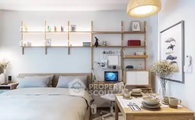 Cozy bedroom with modern decor, featuring a stylish desk and dining area, perfect for urban living.