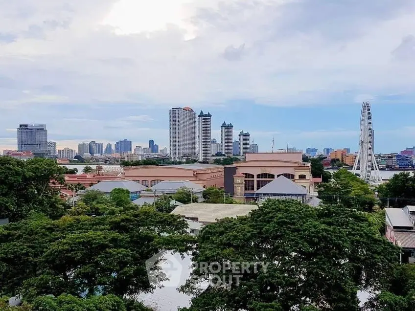 Stunning cityscape view with skyline and Ferris wheel, perfect for urban living enthusiasts.