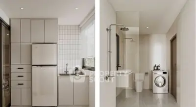 Modern kitchen and bathroom with sleek appliances and minimalist design.