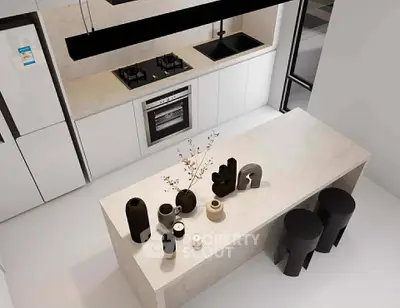 Modern kitchen with sleek design, featuring an island, gas stove, and stylish decor elements.
