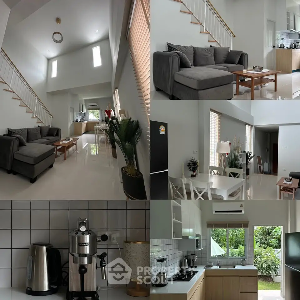 Modern open-plan living room with stylish kitchen and lush garden view