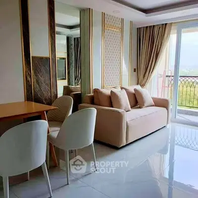 Luxurious living room with elegant decor and stunning balcony view