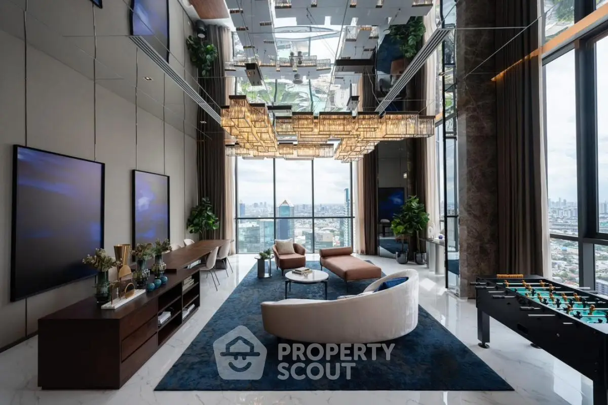 Luxurious modern living room with panoramic city views and elegant decor