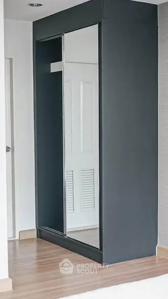 Modern interior with sleek built-in wardrobe and wooden flooring