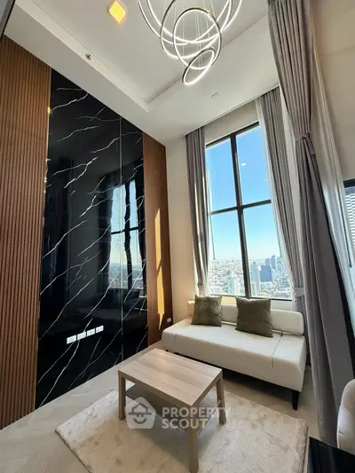 Luxurious modern living room with stunning city view and elegant decor