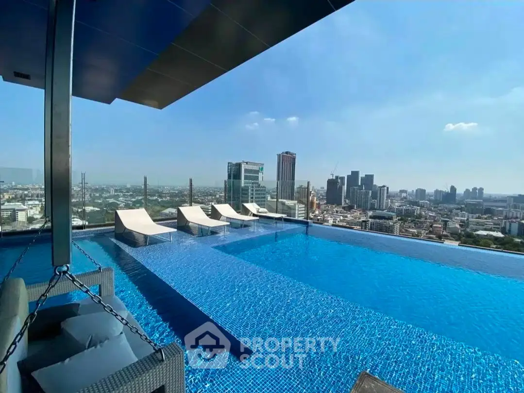 Luxurious rooftop infinity pool with stunning city skyline view, perfect for relaxation and leisure.