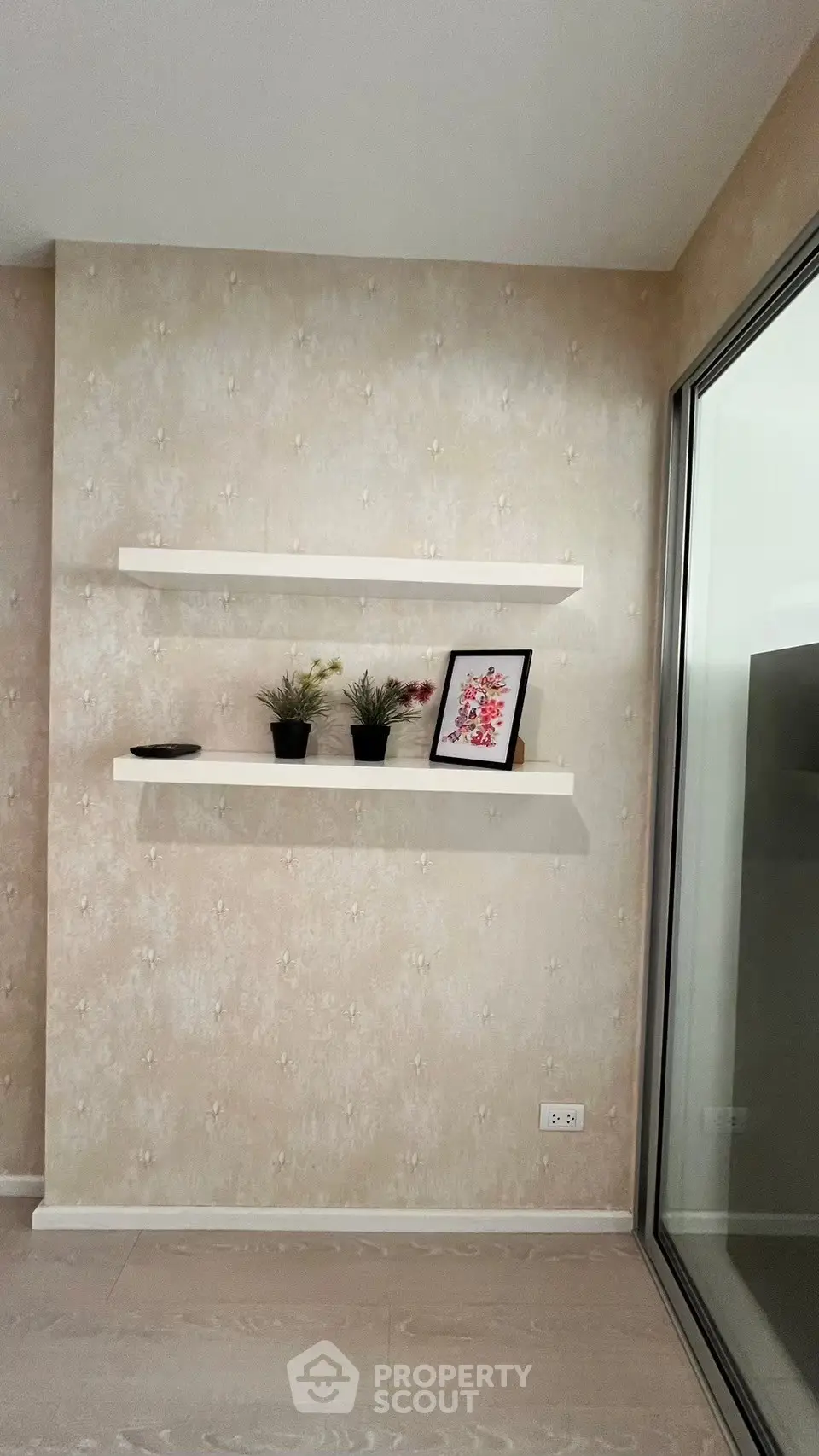 Modern interior with floating shelves and decorative plants