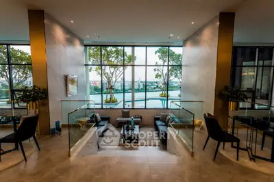 Luxurious modern living room with panoramic city view and elegant decor