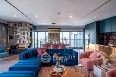 Luxurious modern living room with panoramic city view and stylish decor