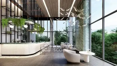 Luxurious modern lobby with high ceilings and elegant decor