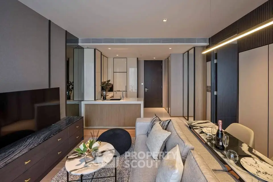 Modern living room with sleek design, open kitchen layout, and stylish decor in a luxury apartment.