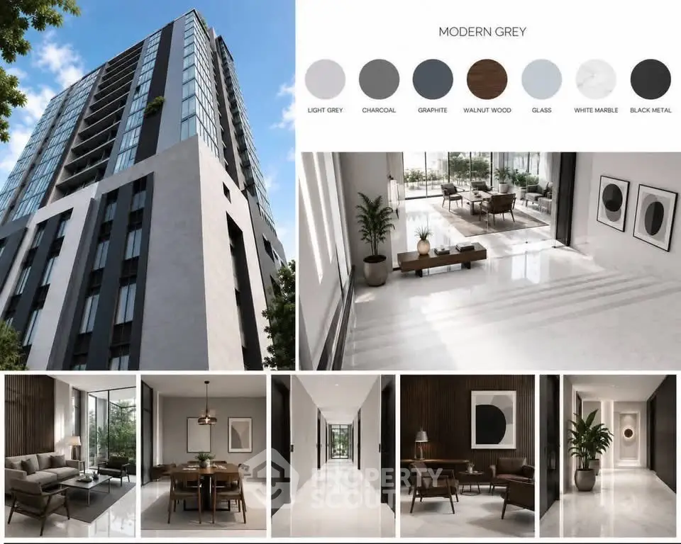 Modern grey high-rise building with elegant interior design featuring marble floors and stylish furniture.