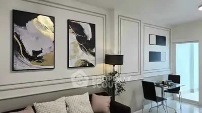 Modern living room with stylish decor and dining area