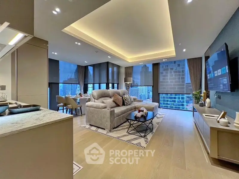 Luxurious modern living room with city view, elegant furniture, and ambient lighting in high-rise apartment.