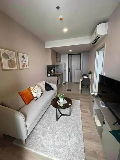 Modern living room with cozy sofa, stylish decor, and open kitchen layout in a contemporary apartment.