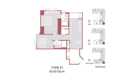 Modern 55 sqm apartment floor plan with efficient layout and keyplan overview.