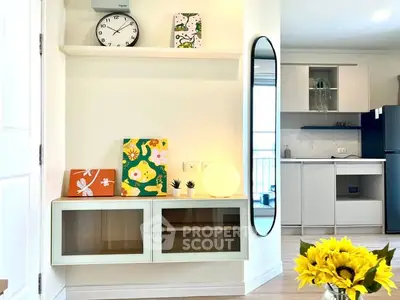 Stylish modern living room with open kitchen and vibrant decor