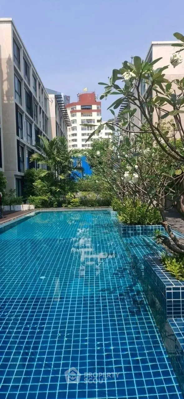 Luxurious residential pool surrounded by lush greenery and modern architecture, perfect for relaxation and leisure.