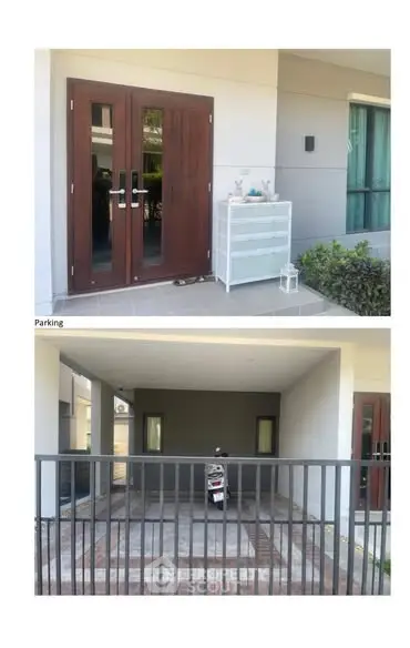 Modern home entrance with double doors and adjacent parking space.