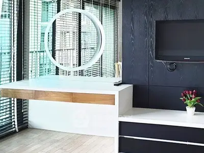 Modern living room with sleek TV setup and stylish decor