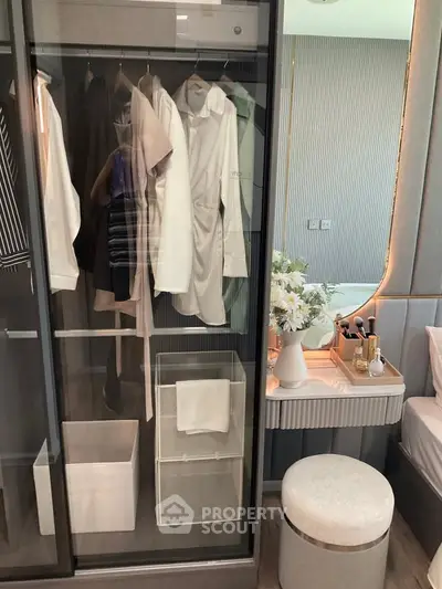 Stylish bedroom with modern closet and elegant vanity setup