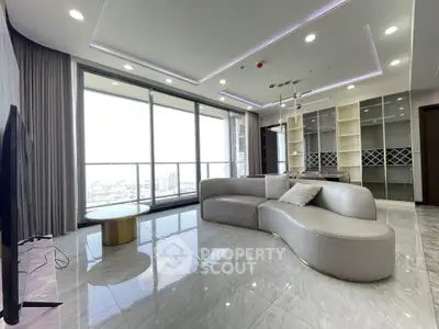 Luxurious modern living room with panoramic city view and stylish furniture
