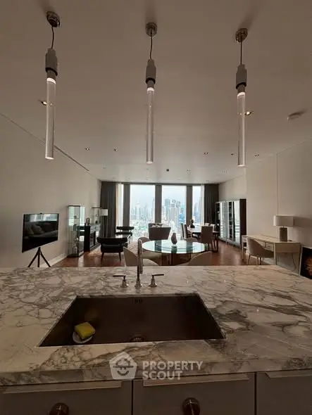 Luxurious living room with marble countertop and stunning city view