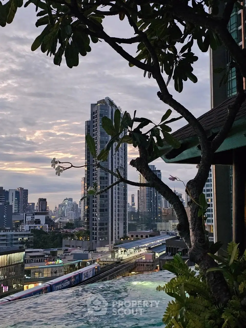 Stunning cityscape view from a rooftop pool with skyline and train tracks.