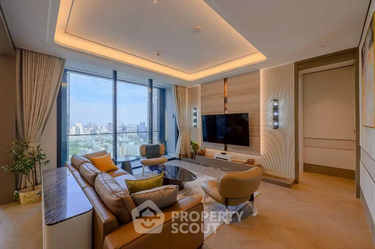 Luxurious living room with stunning city view and modern decor