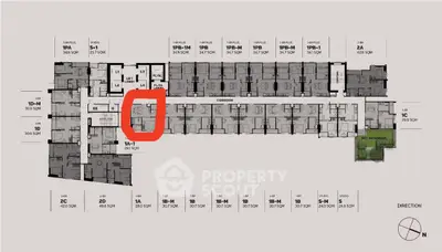 Detailed floor plan of modern apartment complex with highlighted unit for sale.