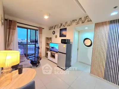 Modern living room with city view, stylish decor, and cozy ambiance
