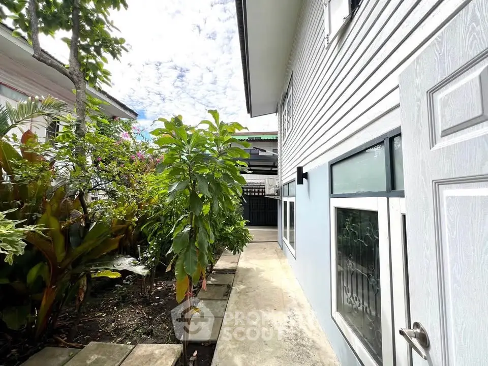 Charming side pathway with lush garden beside modern home exterior