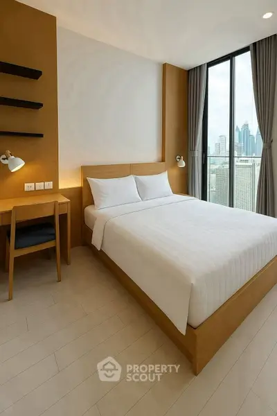 Modern bedroom with city view, featuring sleek design and natural light.