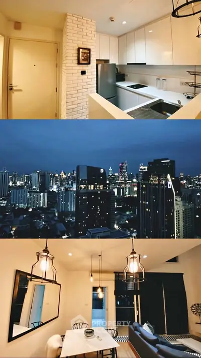 Stylish modern apartment with city skyline view, featuring sleek kitchen and cozy dining area.