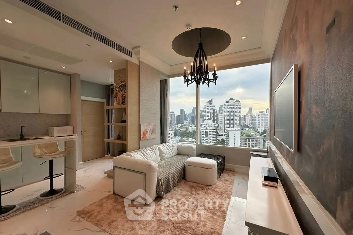 Luxurious living room with stunning city view and elegant chandelier