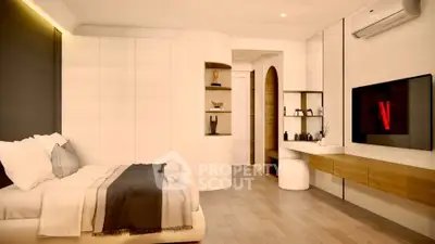 Luxurious modern bedroom with sleek design and ambient lighting