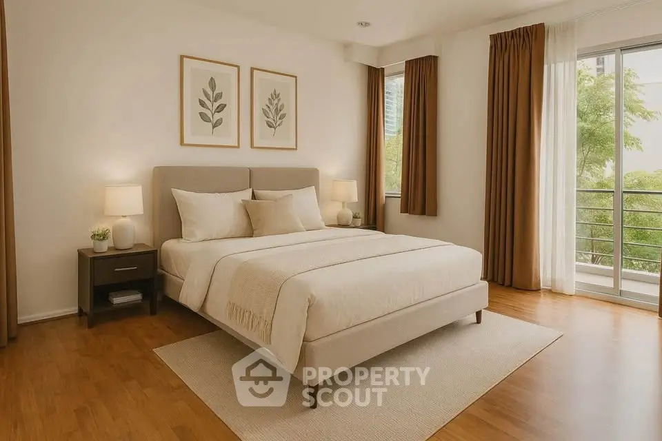 Elegant bedroom with modern decor and large window view