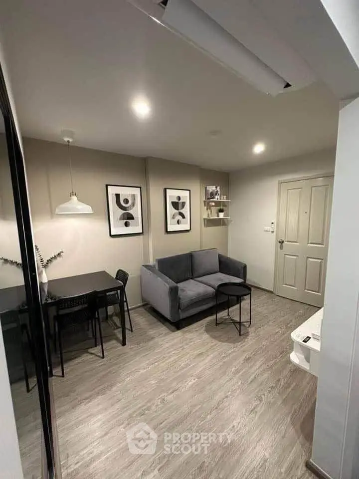 Modern living room with stylish decor and cozy seating area