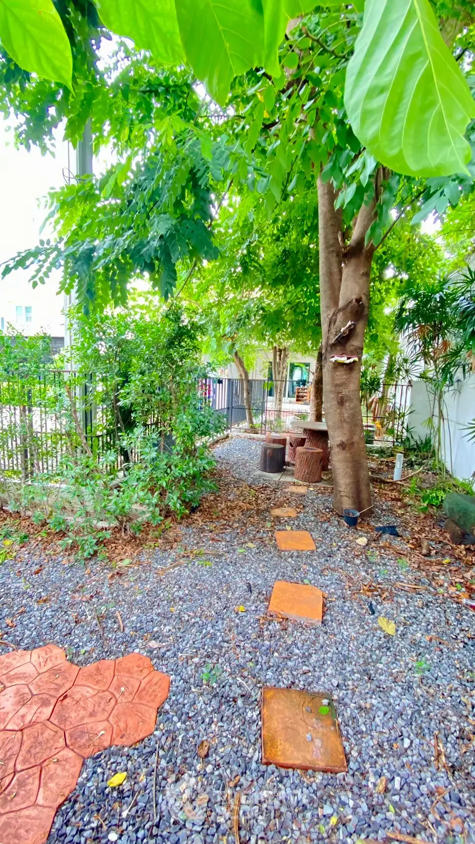 Charming garden with lush greenery and stone pathway, perfect for outdoor relaxation.