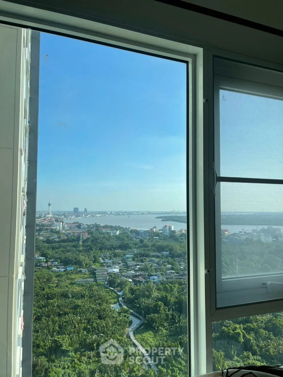 Stunning high-rise window view of lush greenery and city skyline