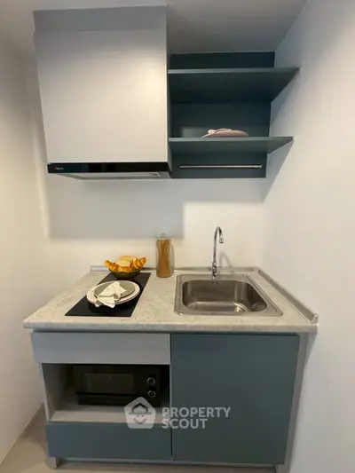 Compact modern kitchen with sleek cabinetry and integrated appliances, perfect for urban living.