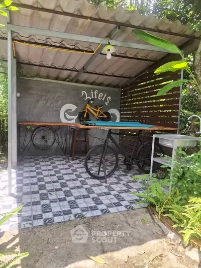 Charming outdoor bike storage with rustic design and lush greenery.