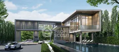 Modern luxury home with sleek architecture and pool in lush green setting.