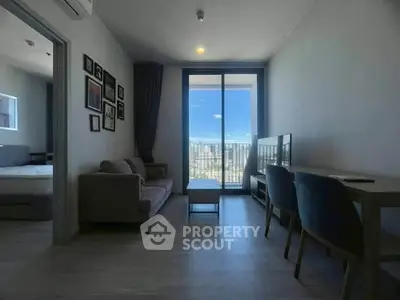 Modern living room with balcony view in stylish apartment