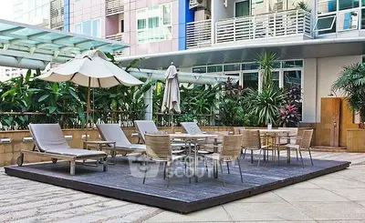 Luxurious outdoor patio with modern furniture and lush greenery in a high-end residential complex.